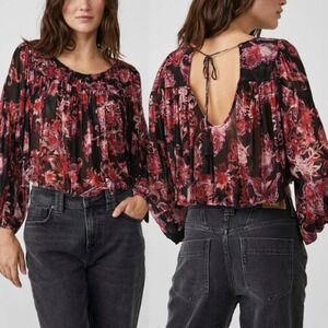 Free People Black Floral Tie-Back Peasant Top with Red and Pink Print